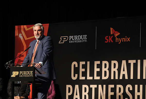 Governor Eric Holcomb welcomes SK hynix to Indiana at a press conference in April 2024. The company is investing $3.87 billion to establish a 430,000-square-foot facility at the Purdue Research Park to support critical U.S. demand for semiconductors. Photo provided by Indiana Economic Development Corporation