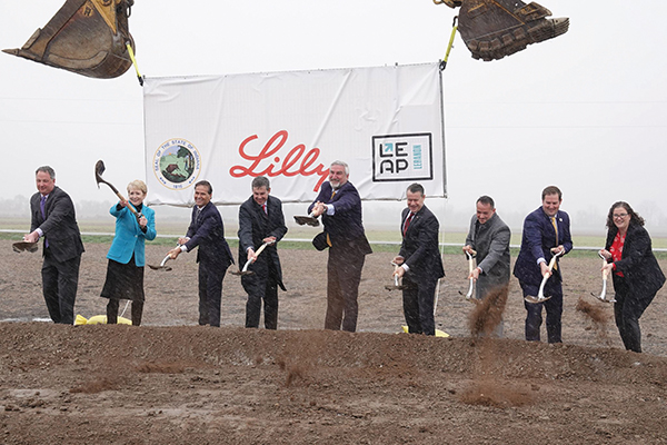 Governor Eric Holcomb and Eli Lilly and Company Chair and CEO Dave Ricks break ground on the company’s $9 billion investment at the LEAP Research and Innovation District in Lebanon. The company’s new investment will expand its capacity to manufacture active pharmaceutical ingredients for its latest type 2 diabetes and obesity medicines. Photo provided by Indiana Economic Development Corporation