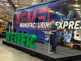 Pat Weiler speaking to employees at Weiler Manufacturing at the kick-off event in Knoxville, IA. | Photo provided by AEM